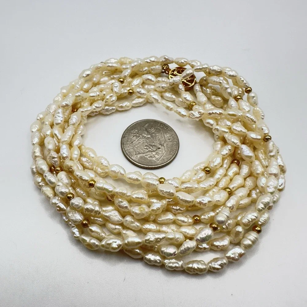 Vintage Multi-Strand Freshwater Rice/Seed Pearl Necklace Gold Tone Clasp 18" - Picture 5 of 14